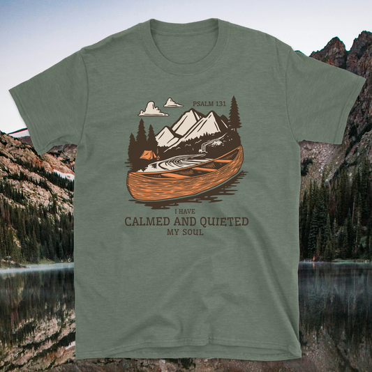 Psalm 131 Calmed and Quieted Serene Nature Unisex Softstyle T-Shirt, Outdoor Adventure Tee, Psalm 131 Motivational Shirt, Gift for Nature Lovers, Relaxing Retreat Wear