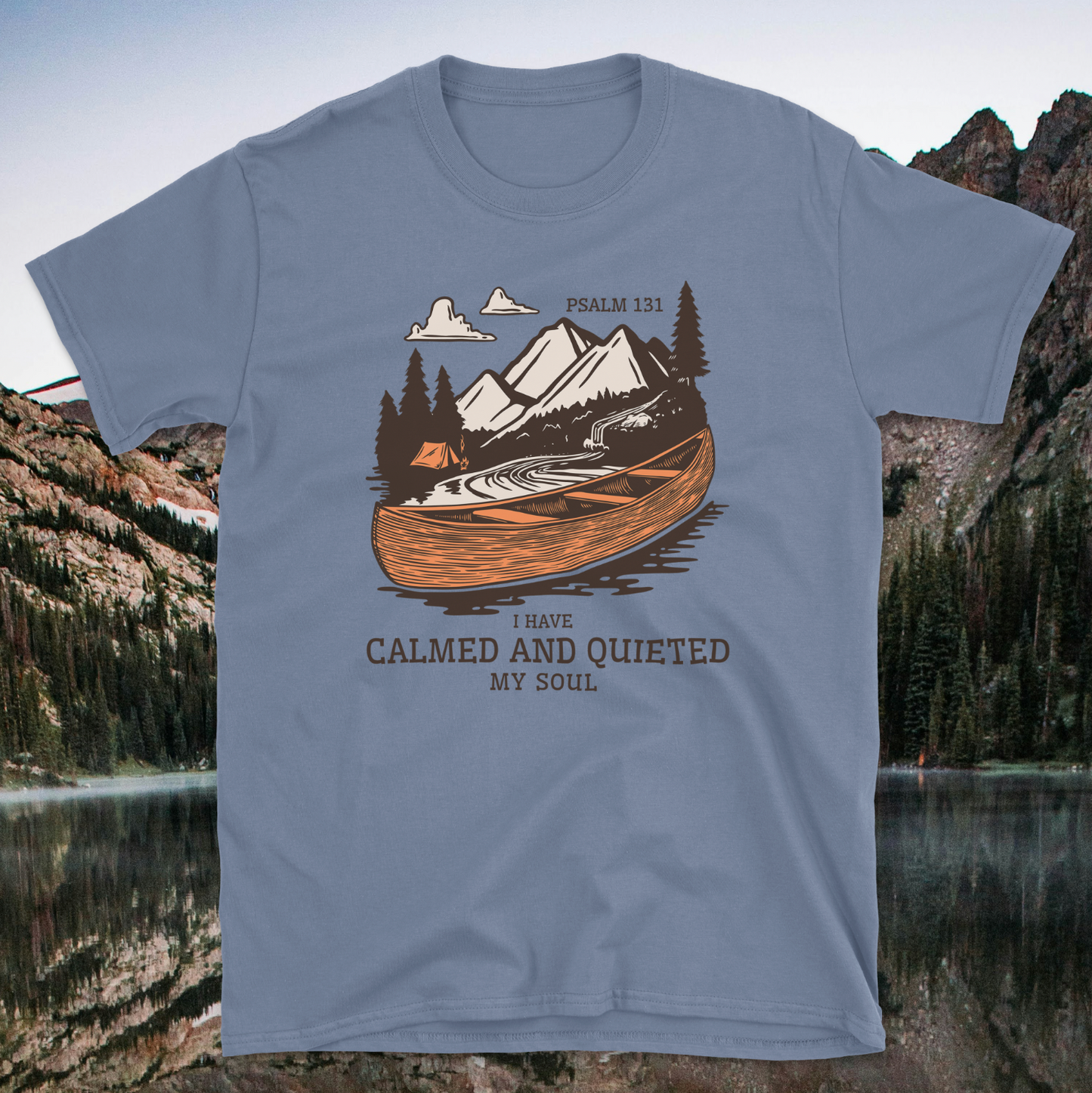 Psalm 131 Calmed and Quieted Serene Nature Unisex Softstyle T-Shirt, Outdoor Adventure Tee, Psalm 131 Motivational Shirt, Gift for Nature Lovers, Relaxing Retreat Wear